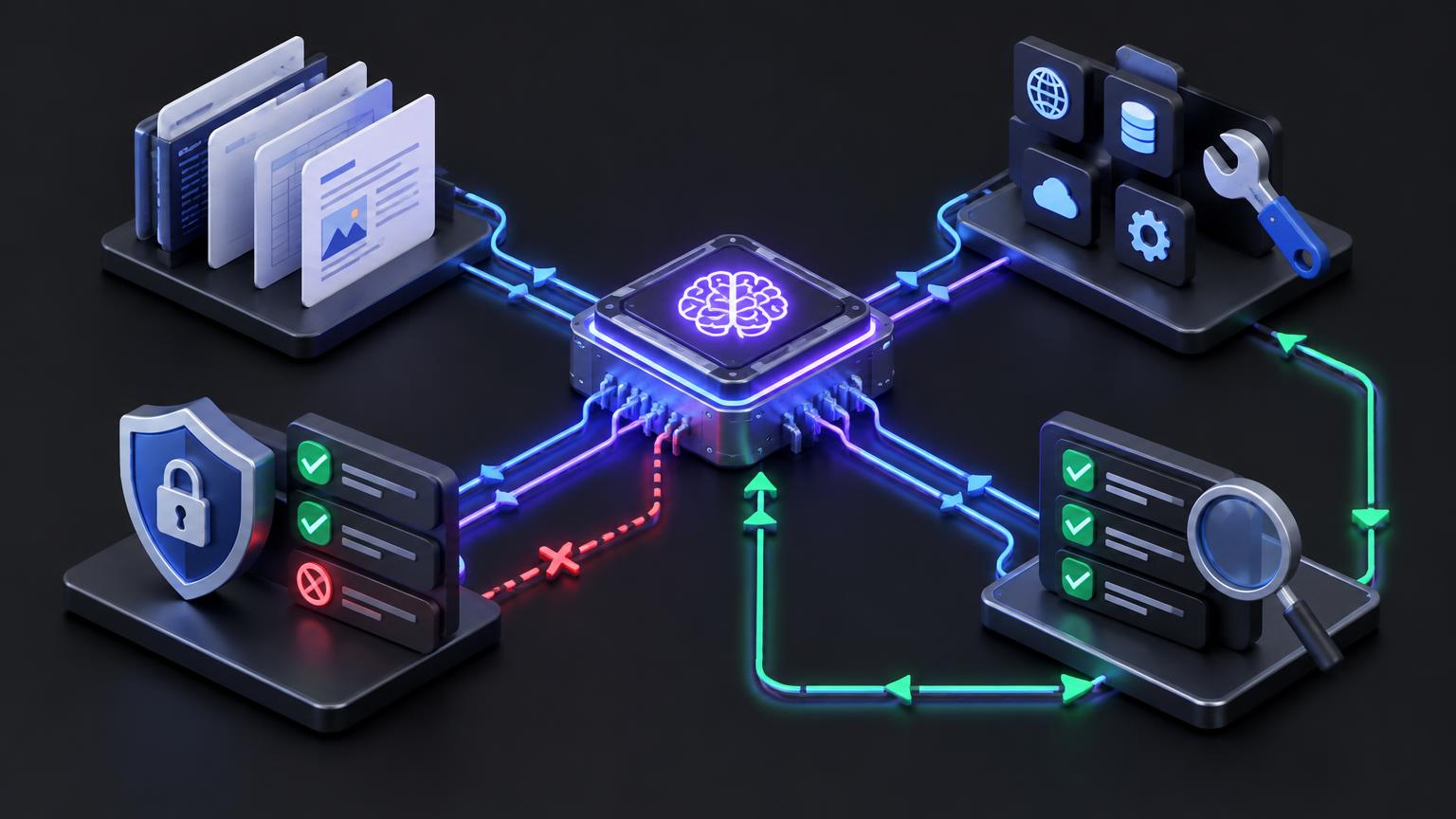 AI model connected to context documents, execution tools, permission controls, and an evaluation feedback loop